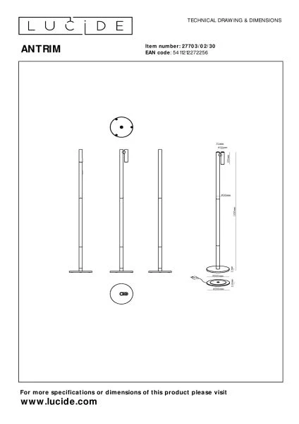 Lucide ANTRIM - Lampadaire / lampe de lecture Rechargeable Intérieur/Extérieur - Batterie/Piles - LED Dim. - 1x2,2W 2700K - IP54 - Avec station de charge sans fil - Noir - technique